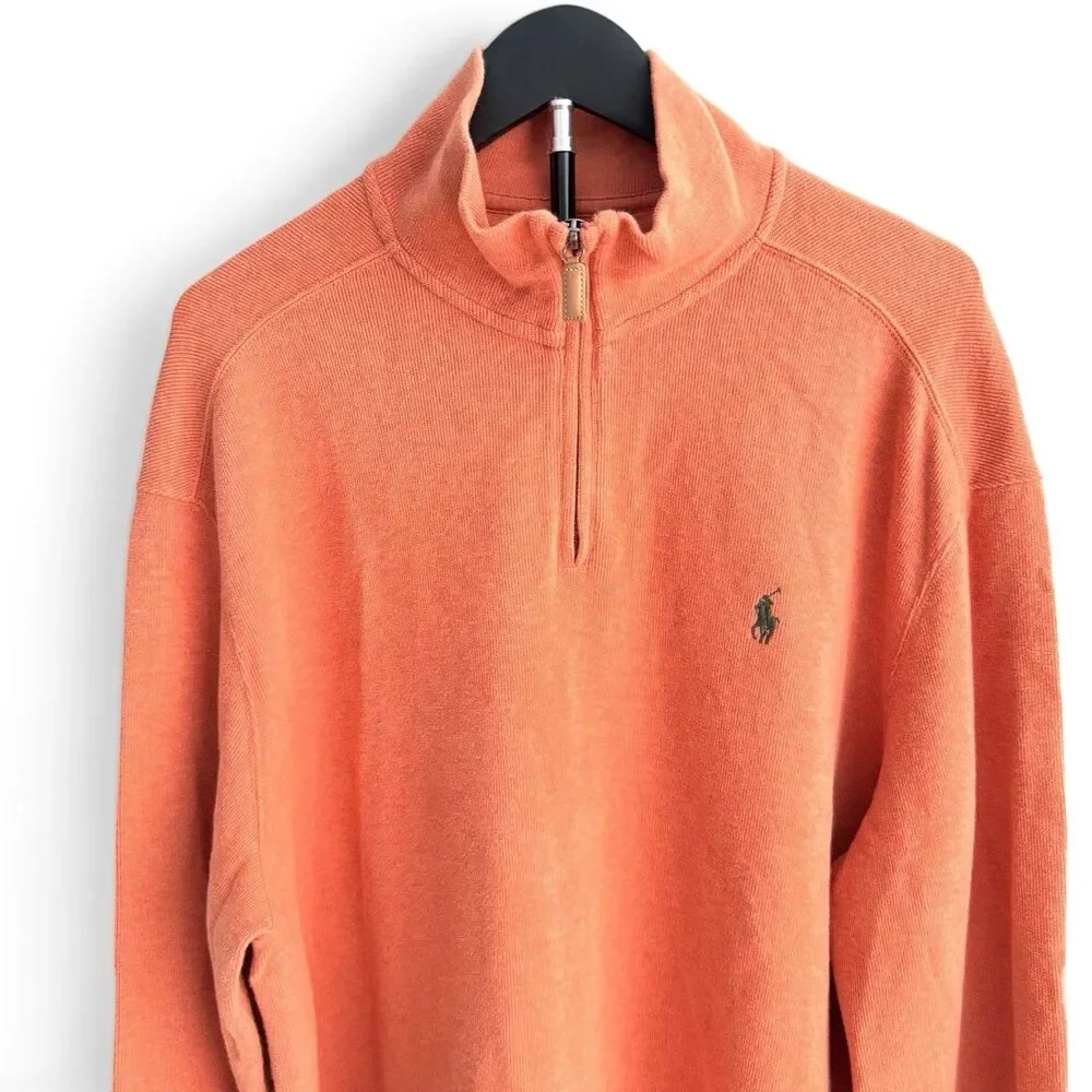Polo Ralph Lauren 1/4 Zip Sweater Men XL Orange Mock Neck Knit Pullover Pony